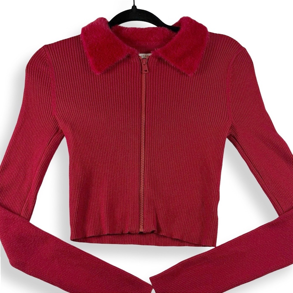 American Eagle Red Zip Up Cardigan Faux Fur Collar Cropped Sweater Small Y2K AE